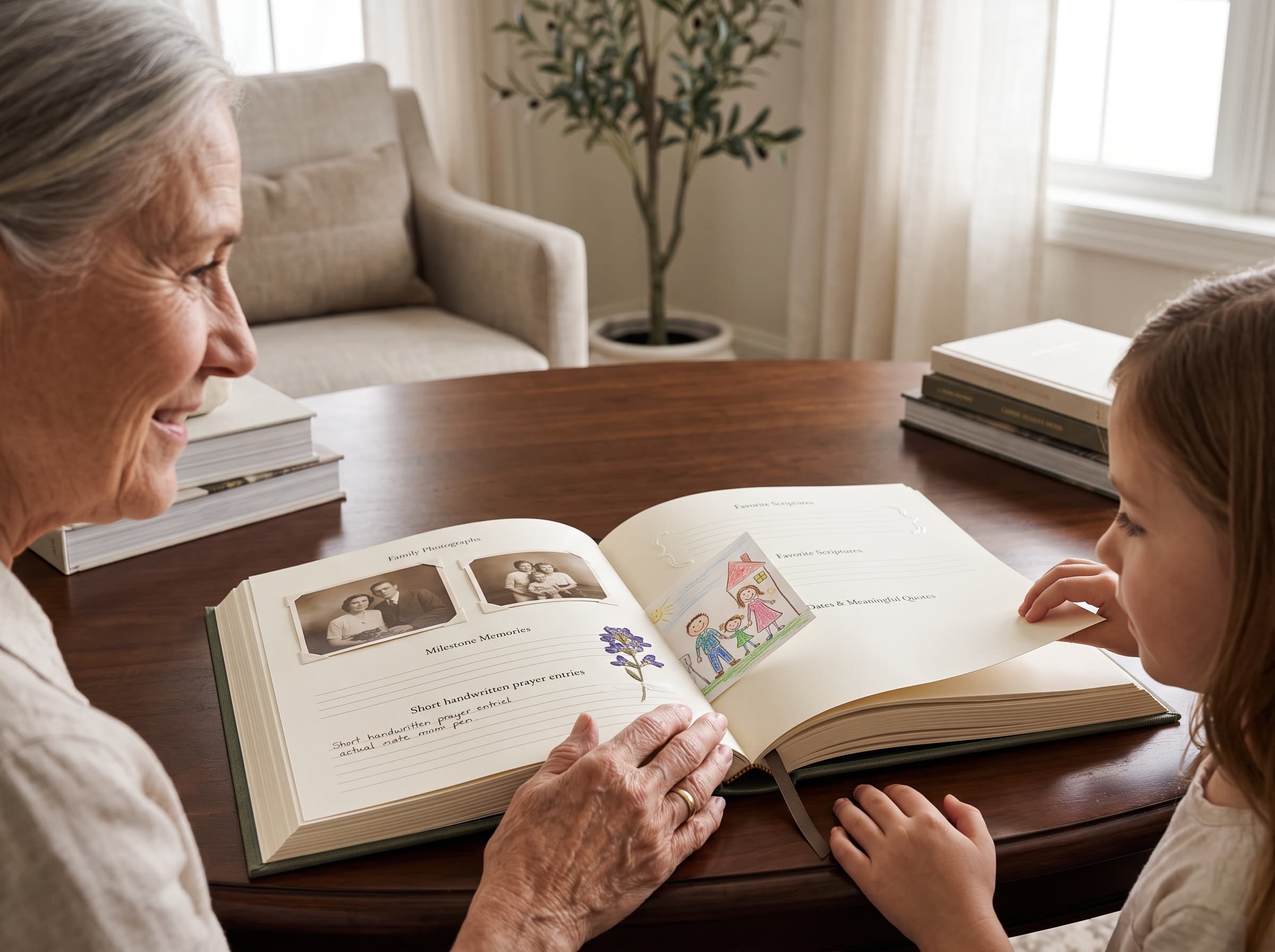 A grandmother and granddaughter look through a printed family keepsake book together.