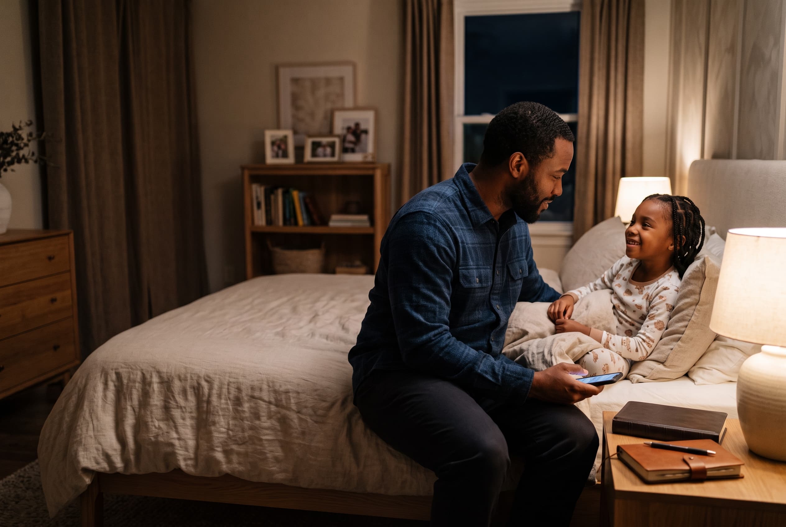A father reads with his young daughter at bedtime in a softly lit bedroom.
