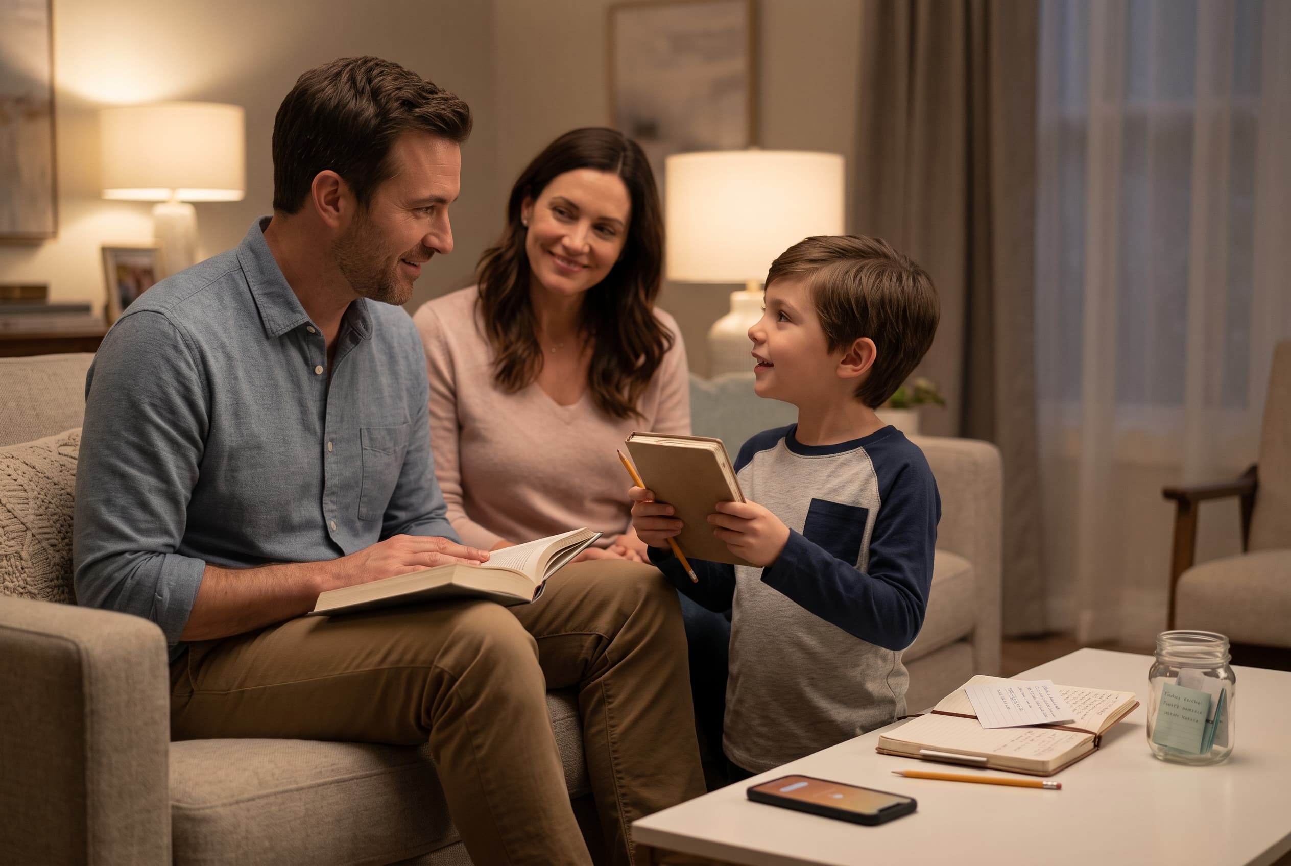 A young boy holds the family keepsake journal and looks up mid-thought.