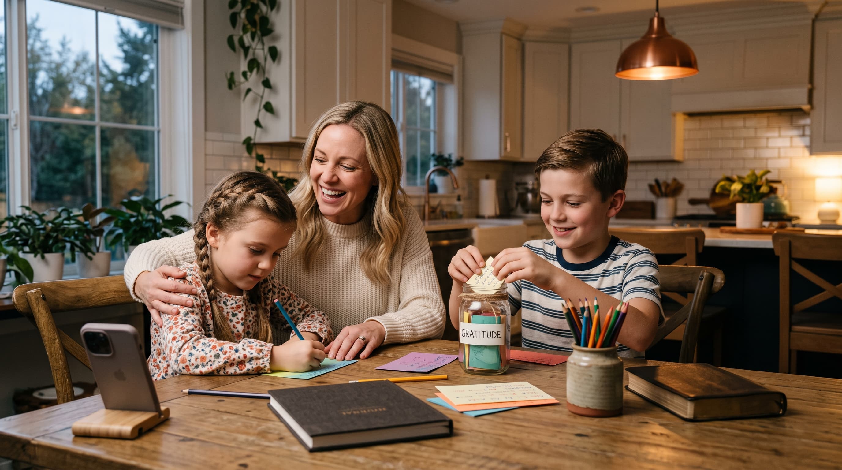 A mother and her two children share gratitude prompts around a kitchen table.